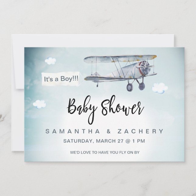 *~* Plane Banner Vintage Clouds Baby Boy Shower Invitation (Front)