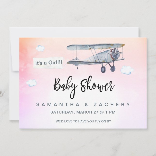 *~* Plane Banner Vintage Clouds Baby Girl Shower Invitation (Front)