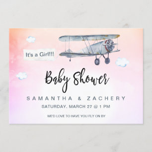 *~* Plane Banner Vintage Clouds Baby Girl Shower Invitation