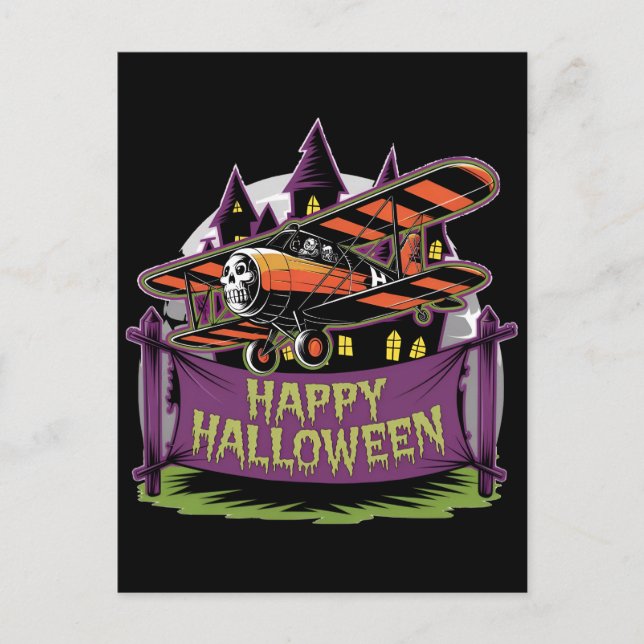 Plane flying over happy halloween banner postcard (Front)