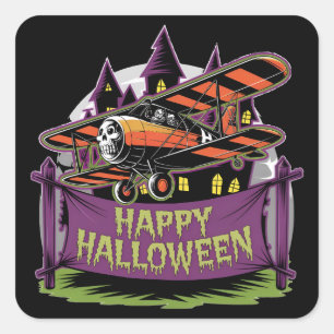 Plane flying over happy halloween banner square sticker
