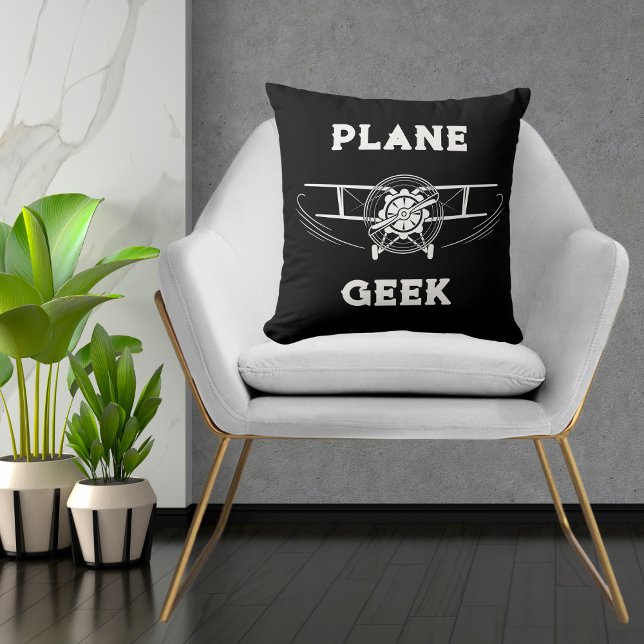 Plane Geek Typography & Aeroplane,Black,Simple  Cushion (Creator Uploaded)