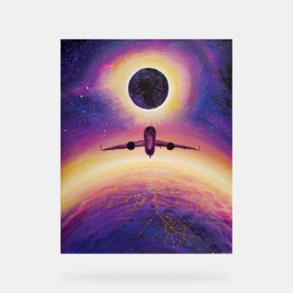 Plane in flight city and eclipse acrylic sign