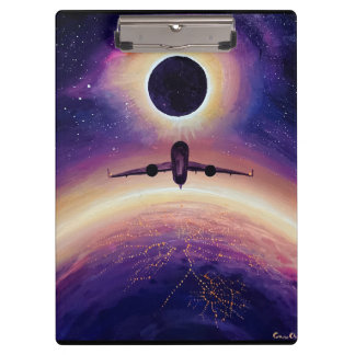 Plane in flight city and eclipse clipboard