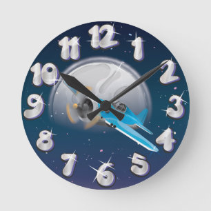 Plane Infront of the Moon Round Clock