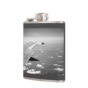 Plane Themed, Grayscale Aeroplane Wings Flying Hip Flask