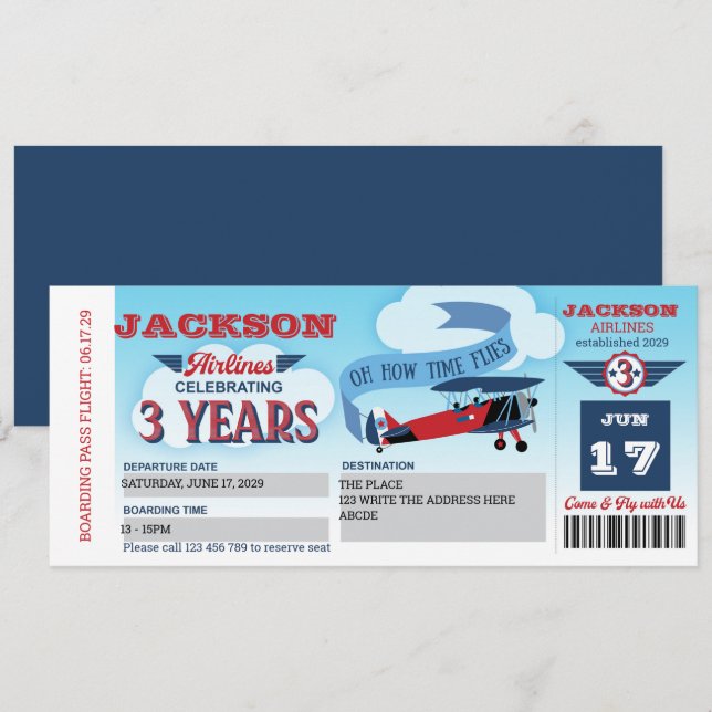 Plane Ticket, Aviation, Aeroplane, 3rd Birthday Invitation (Front/Back)