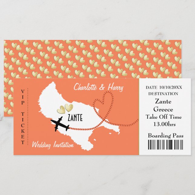 Plane Ticket Boarding Pass To Zante Greek Wedding Invitation (Front/Back)
