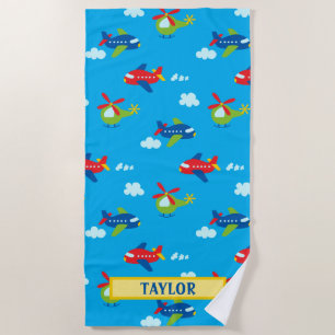 Planes & Helicopters Artwork, Name, Deep Sky Blue Beach Towel