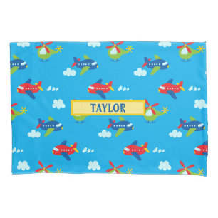 Planes, Helicopters & Clouds Art Medium Blue, Name Pillowcase