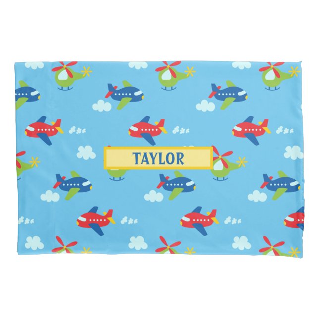 Planes Helicopters Clouds Artwork, Name, Sky Blue Pillowcase (Front)