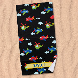 Planes Helicopters & Clouds Artwork on Black, Name Beach Towel