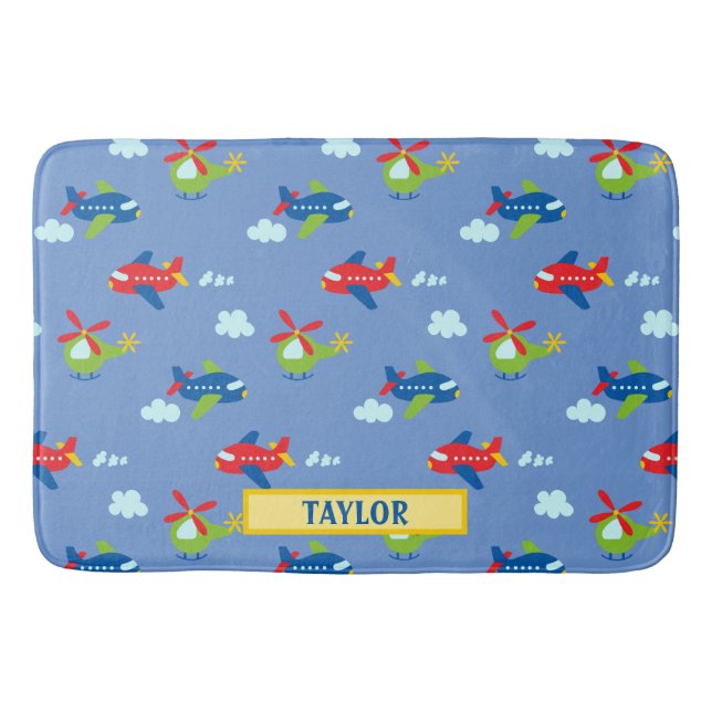 Planes, Helicopters & Clouds Artwork on Blue, Name Bath Mat (Front)