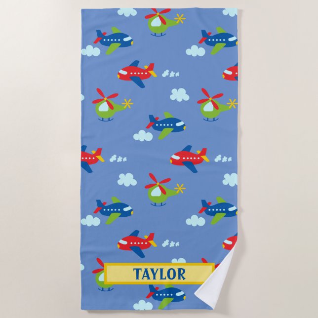 Planes, Helicopters & Clouds Artwork on Blue, Name Beach Towel (Front)