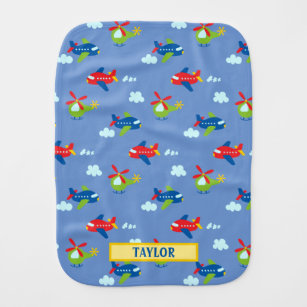 Planes, Helicopters & Clouds Artwork on Blue, Name Burp Cloth