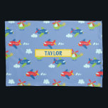 Planes, Helicopters & Clouds Artwork on Blue, Name Pillowcase<br><div class="desc">Personalise name with planes,  helicopters and clouds pattern artwork on blue background. Click “Edit Using Design Tool” to change colours.</div>