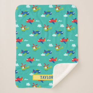Planes, Helicopters & Clouds Artwork on Teal, Name Sherpa Blanket