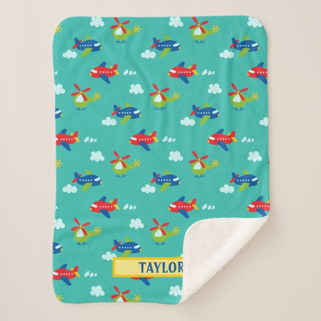 Planes, Helicopters & Clouds Artwork on Teal, Name Sherpa Blanket (Front)