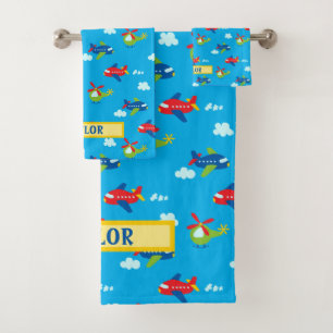 Planes Helicopters Clouds Artwork, Sky Blue, Name Bath Towel Set