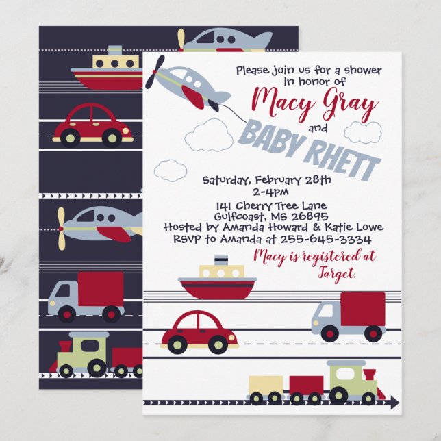 Planes, Trains, and Cars Baby Shower Invitation (Front/Back)