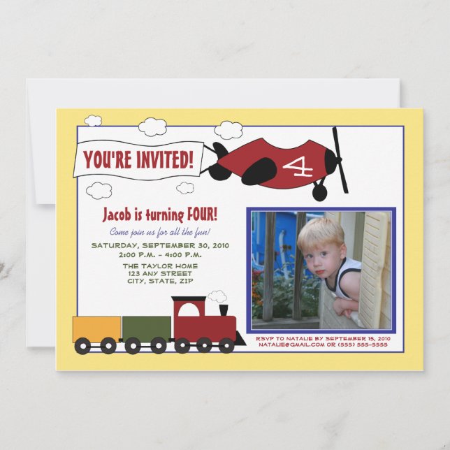Planes & Trains Birthday Party Invite (yellow) (Front)