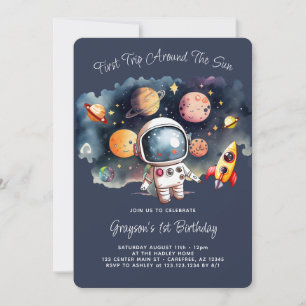 Planet and Rocket First Birthday Invitation