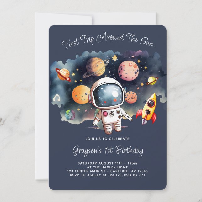 Planet and Rocket First Birthday Invitation (Front)