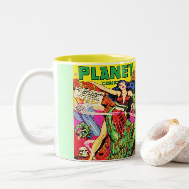 PLANET COMICS: ICONIC SCIENCE FICTION PUBLICATION Two-Tone COFFEE MUG (With Donut)