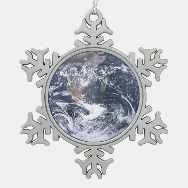 Planet Earth From Space Earth Day Snowflake Pewter Christmas Ornament (Front)