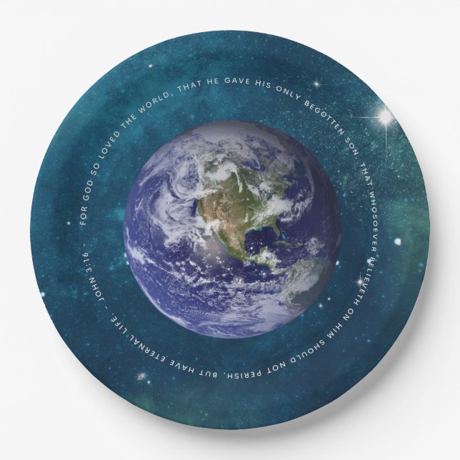 Planet Earth in Space  Christian John 3:16 - Jesus Paper Plate (Front)