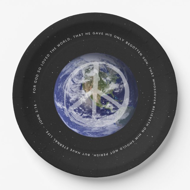 Planet Earth in Space  Christian John 3:16 - PEACE Paper Plate (Front)