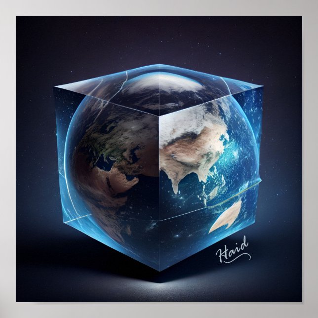 Planet Earth in the shape of a cube - AI Poster (Front)
