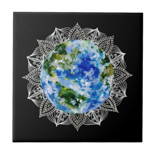 Planet Earth Mandala Black Tile