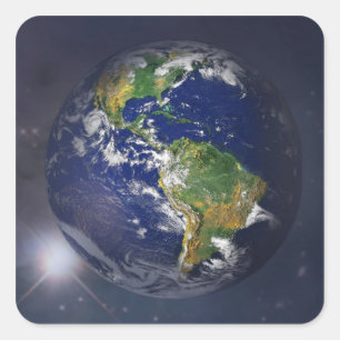 Planet earth rising above the sun in space square sticker