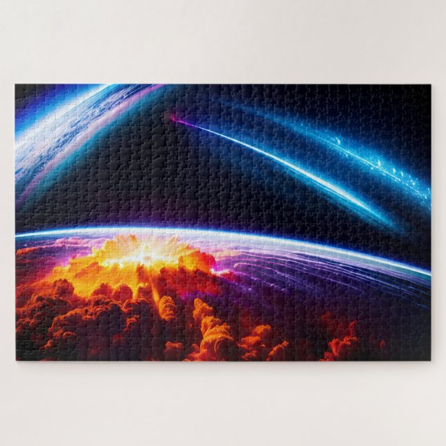Planet Explosion Under Cosmic Space Light Show Jigsaw Puzzle (Horizontal)