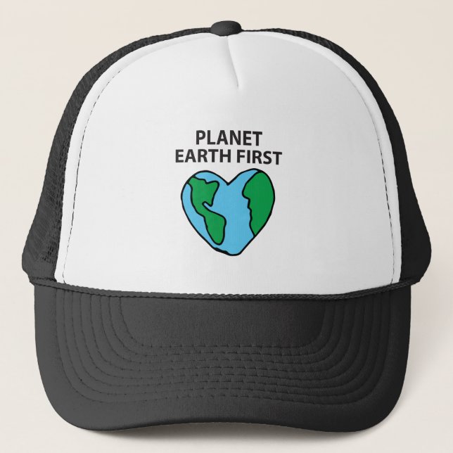 Planet First Ecofriendly Icon Happy Earth Clipart Trucker Hat (Front)