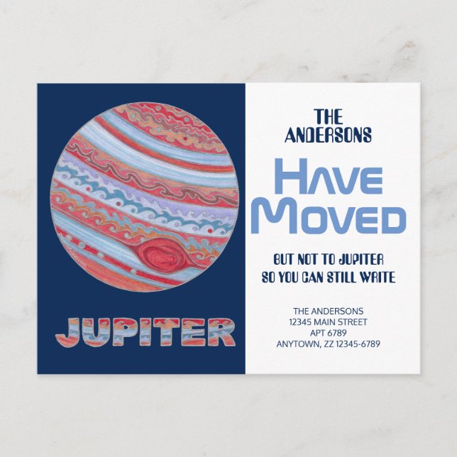 Planet Jupiter Colourful Funny Moving New Address Announcement Postcard (Front)