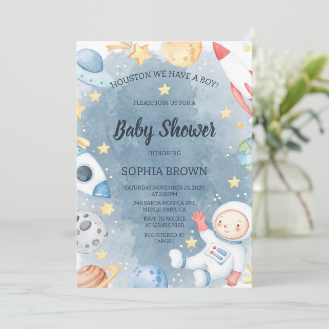 Planet Outer Space Baby Shower Invitation Boy (Standing Front)