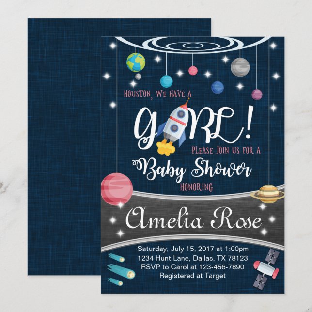 Planet Outer Space Baby Shower Invitation Girl (Front/Back)