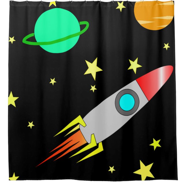 planet rocket space stars shower curtain (Front)