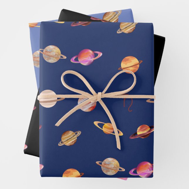 Planet Saturn Mixed Colour Blue and Black  Wrapping Paper Sheet (In situ)