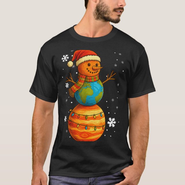 Planet Snowman Earth Saturn Christmas Holiday Art  T-Shirt (Front)