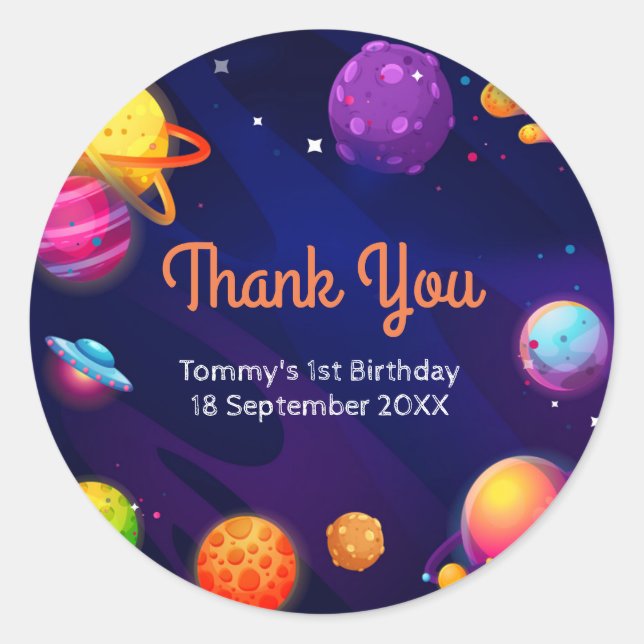 Planet solar space 1st birthday Thank You Sticker (Front)