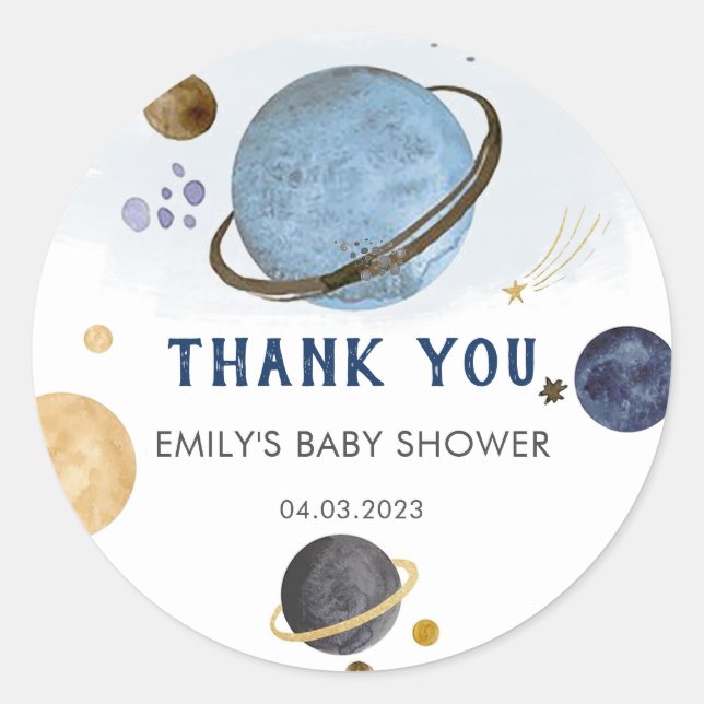 Planet Watercolor Space Theme Baby Shower Classic Round Sticker (Front)