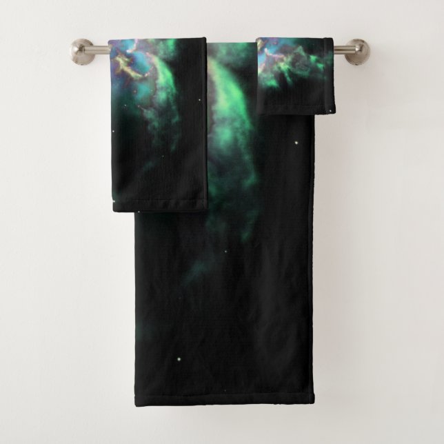 Planetary Nebula Mint Green Periwinkle Bath Towel Set (Insitu)