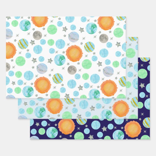 Planets and suns blue first trip birthday wrapping paper sheet (Set)