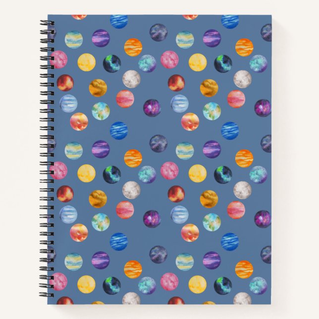 Planets in watercolor drawing pattern - blue notebook (Front)