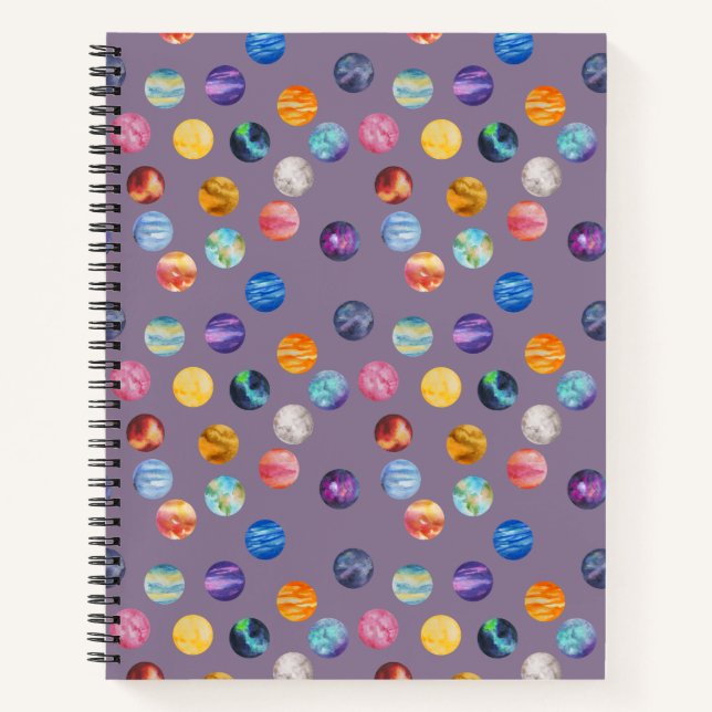 Planets in watercolor drawing pattern - purple notebook (Front)