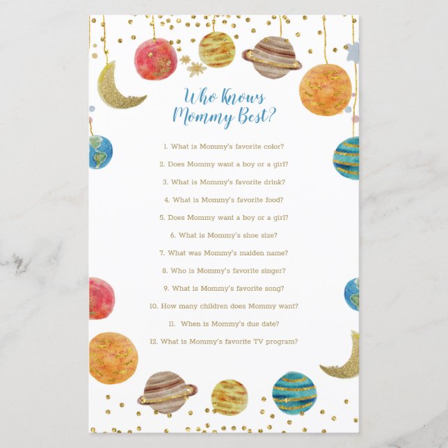 Planets Outer Baby Shower Who Knows Mummy Best (Front)