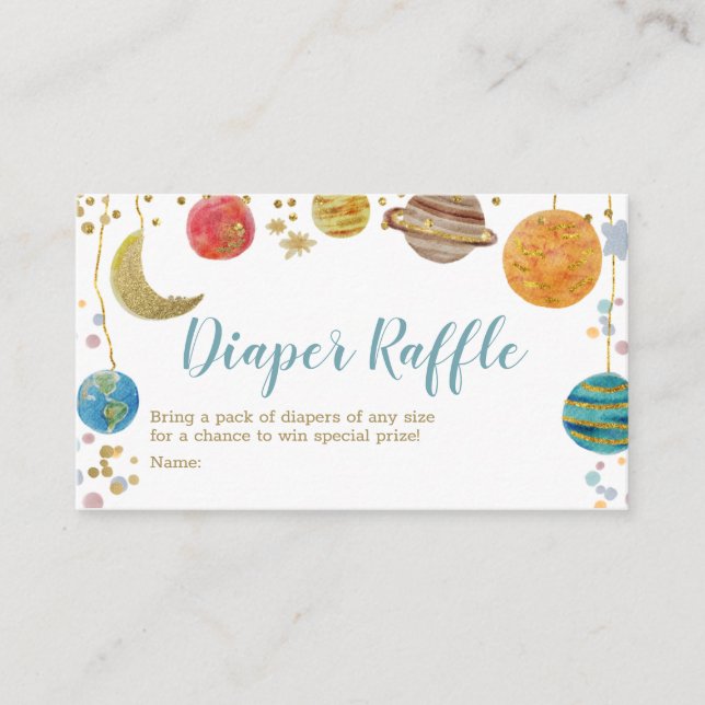 Planets Outer Space Baby Shower Gold Diaper Raffle Enclosure Card (Front)